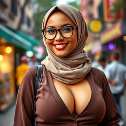 A beautiful, attractive young woman wearing a stylish hijab and fashionable glasses, with an appealing curvy figure accentuated by her large breasts