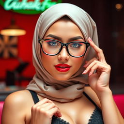 A seductive young woman wearing a fashionable hijab, complemented by stylish glasses that accentuate her face