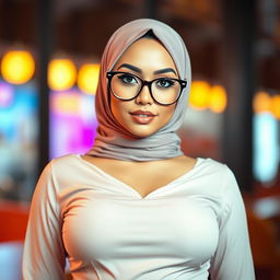 A seductive young woman wearing a fashionable hijab, complemented by stylish glasses that accentuate her face