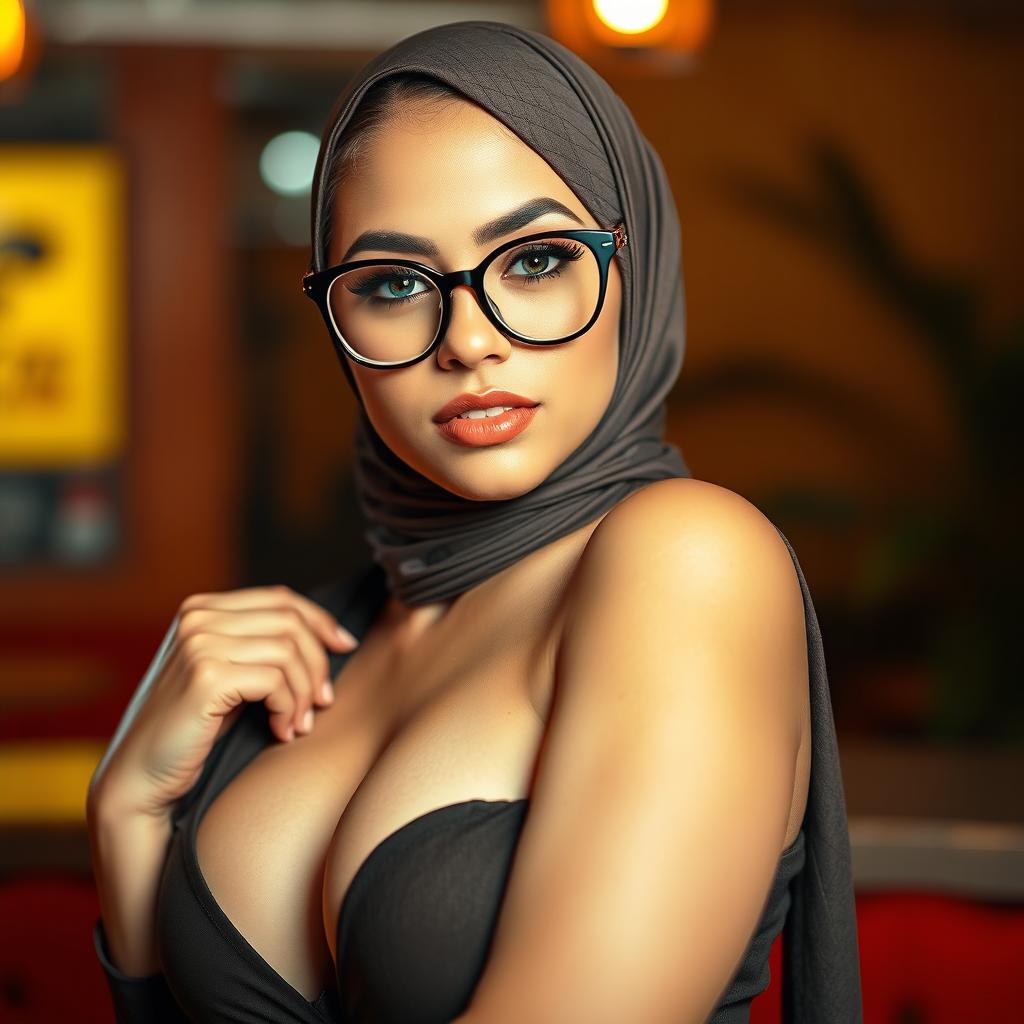 A seductive young woman wearing a fashionable hijab, complemented by stylish glasses that accentuate her face