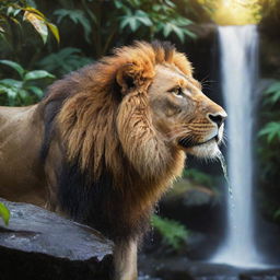 A stylized, surreal image of a majestic lion drinking water from a jungle waterfall. The lion emits a golden glow, and the magical jungle is vibrant with exaggerated, bright colors, the waterfall sparkling like liquid diamonds.