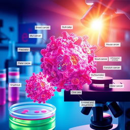 A highly detailed scientific illustration representing breast cancer research, showcasing a molecular view of breast cancer cells under a microscope, with vibrant colors to emphasize the complexity of the cells