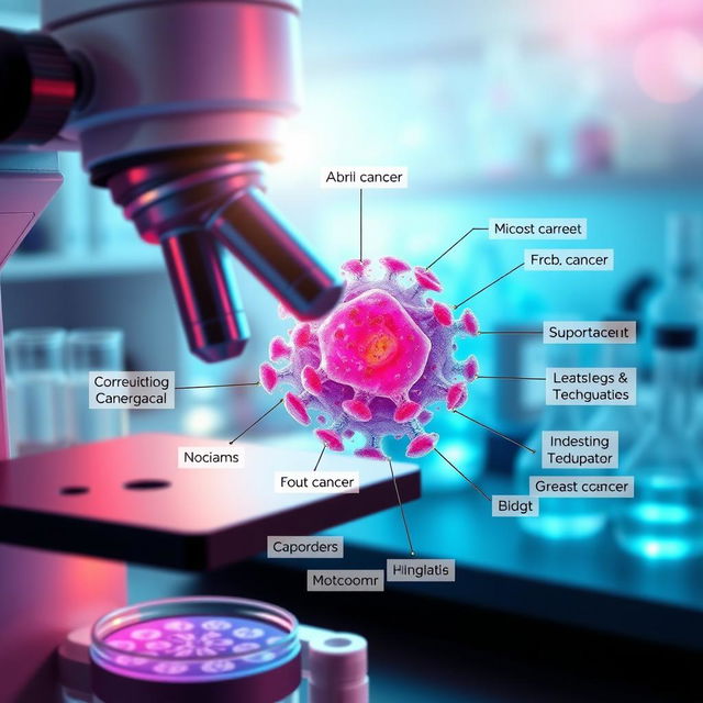 A highly detailed scientific illustration representing breast cancer research, showcasing a molecular view of breast cancer cells under a microscope, with vibrant colors to emphasize the complexity of the cells