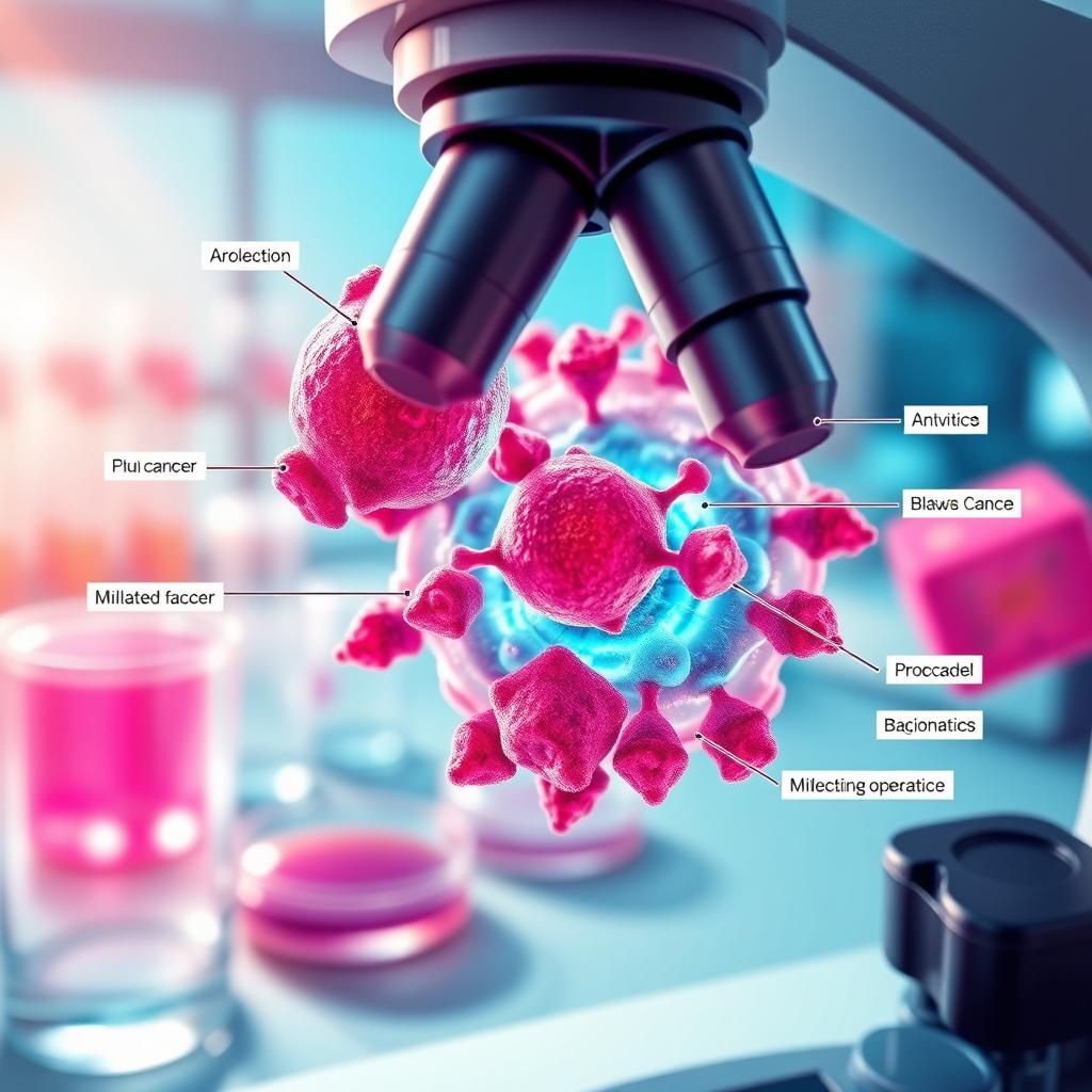 A highly detailed scientific illustration representing breast cancer research, showcasing a molecular view of breast cancer cells under a microscope, with vibrant colors to emphasize the complexity of the cells