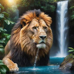 A stylized, surreal image of a majestic lion drinking water from a jungle waterfall. The lion emits a golden glow, and the magical jungle is vibrant with exaggerated, bright colors, the waterfall sparkling like liquid diamonds.