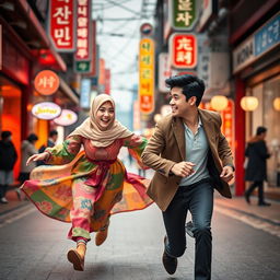 An engaging book cover design that visually represents the story of a Muslim woman chasing a handsome Korean man in the vibrant streets of Korea