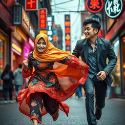 An engaging book cover design that visually represents the story of a Muslim woman chasing a handsome Korean man in the vibrant streets of Korea