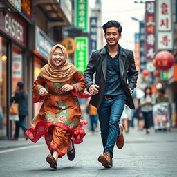 An engaging book cover design that visually represents the story of a Muslim woman chasing a handsome Korean man in the vibrant streets of Korea