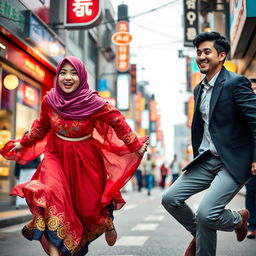An engaging book cover design that visually represents the story of a Muslim woman chasing a handsome Korean man in the vibrant streets of Korea