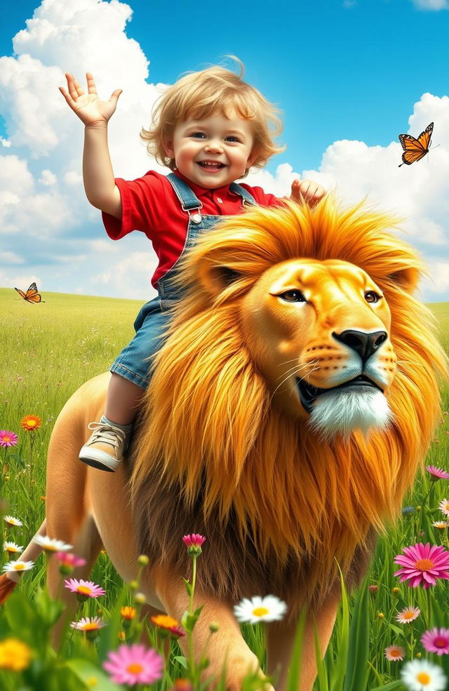 A magical scene of a young child joyfully riding atop a majestic lion in a lush, green meadow