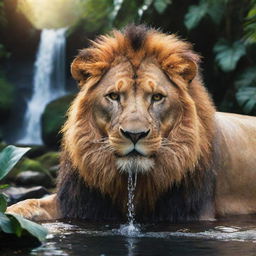 A stylized, surreal image of a majestic lion drinking water from a jungle waterfall. The lion emits a golden glow, and the magical jungle is vibrant with exaggerated, bright colors, the waterfall sparkling like liquid diamonds.