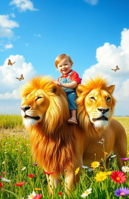 A magical scene of a young child joyfully riding atop a majestic lion in a lush, green meadow