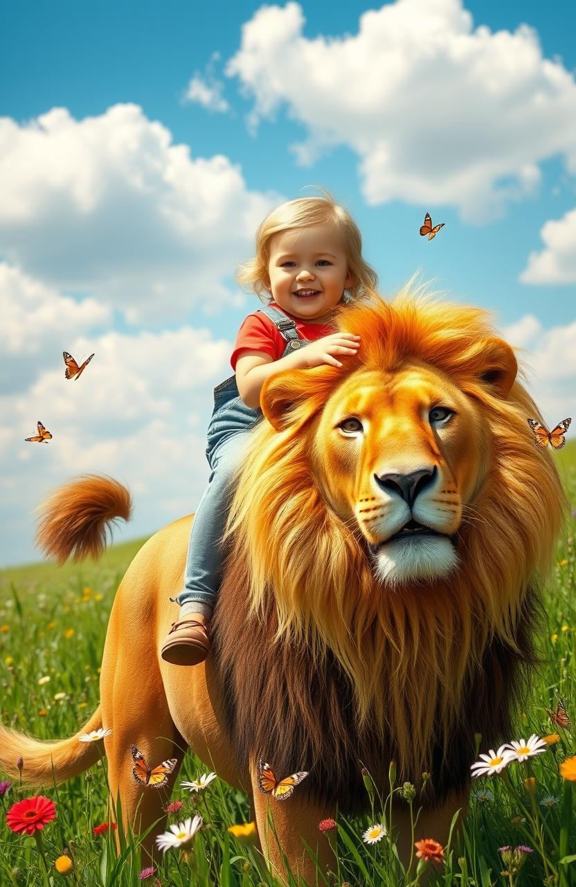 A magical scene of a young child joyfully riding atop a majestic lion in a lush, green meadow