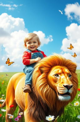 A magical scene of a young child joyfully riding atop a majestic lion in a lush, green meadow