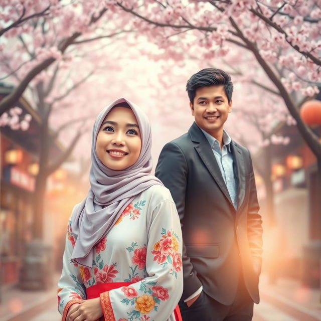 A visually striking book cover design that captures the essence of a Muslim woman longing for love from a handsome Korean man in Korea