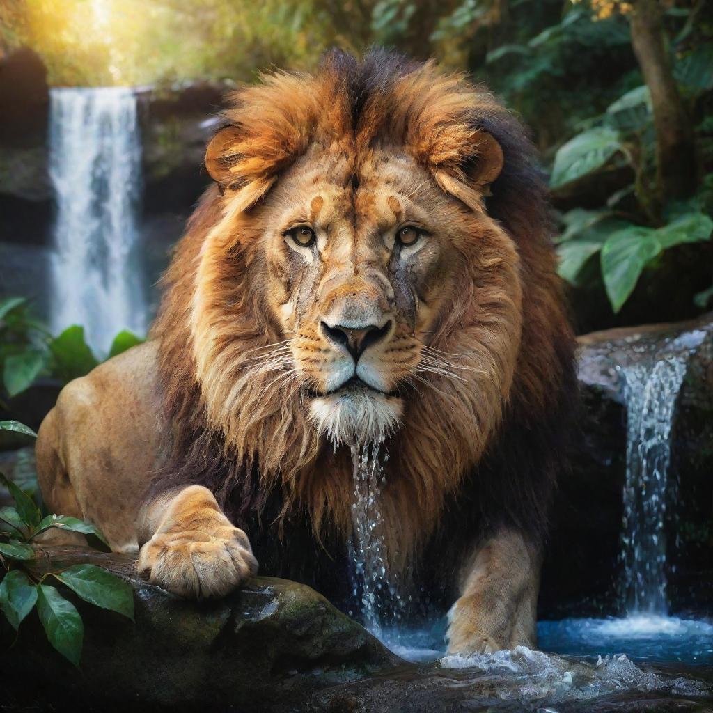 A stylized, surreal image of a majestic lion drinking water from a jungle waterfall. The lion emits a golden glow, and the magical jungle is vibrant with exaggerated, bright colors, the waterfall sparkling like liquid diamonds.