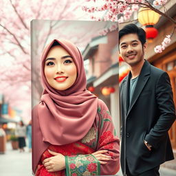 A visually striking book cover design that captures the essence of a Muslim woman longing for love from a handsome Korean man in Korea