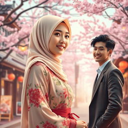 A visually striking book cover design that captures the essence of a Muslim woman longing for love from a handsome Korean man in Korea