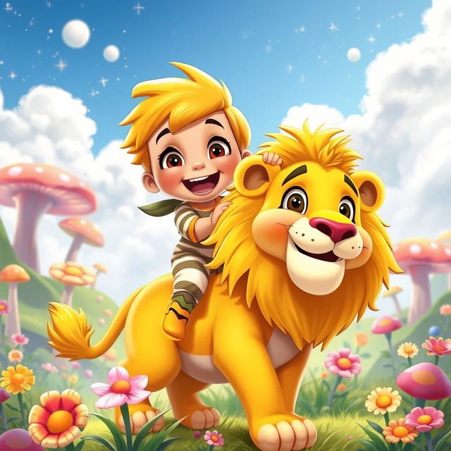 A vibrant animated scene featuring a cheerful young child riding a friendly cartoon lion through a colorful fantasy landscape