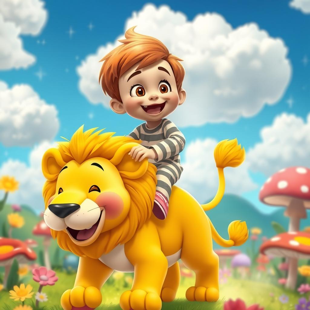 A vibrant animated scene featuring a cheerful young child riding a friendly cartoon lion through a colorful fantasy landscape