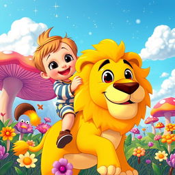 A vibrant animated scene featuring a cheerful young child riding a friendly cartoon lion through a colorful fantasy landscape