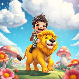 A vibrant animated scene featuring a cheerful young child riding a friendly cartoon lion through a colorful fantasy landscape