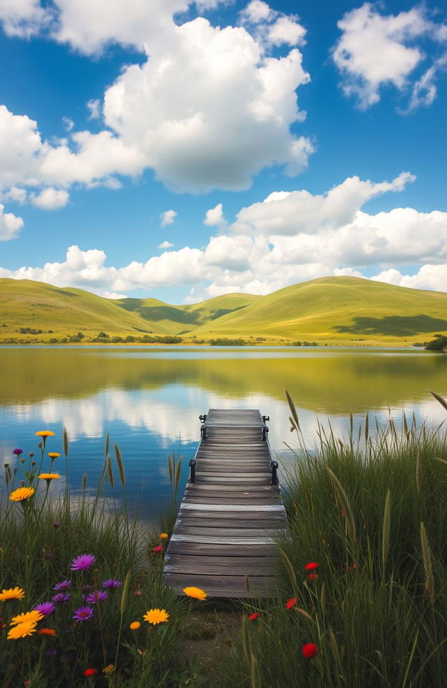 A serene and picturesque landscape depicting the beauty of nature, with vibrant green hills under a bright blue sky dotted with fluffy white clouds