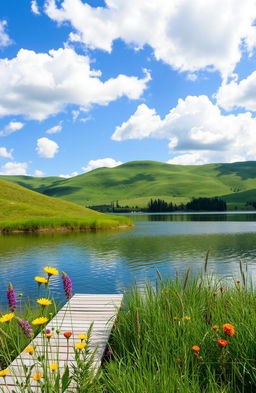 A serene and picturesque landscape depicting the beauty of nature, with vibrant green hills under a bright blue sky dotted with fluffy white clouds