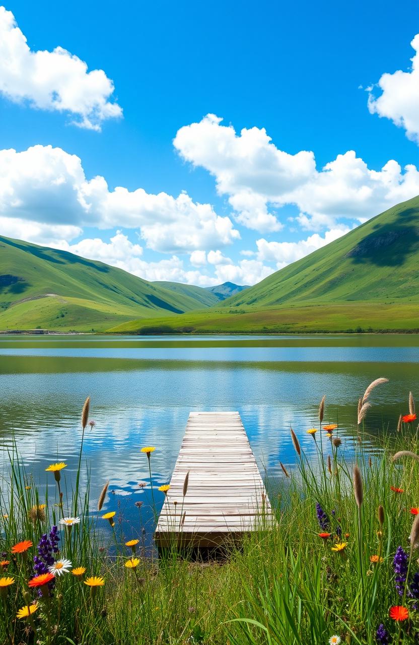 A serene and picturesque landscape depicting the beauty of nature, with vibrant green hills under a bright blue sky dotted with fluffy white clouds