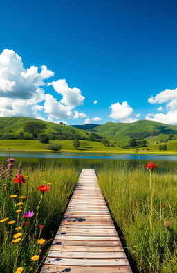 A serene and picturesque landscape depicting the beauty of nature, with vibrant green hills under a bright blue sky dotted with fluffy white clouds