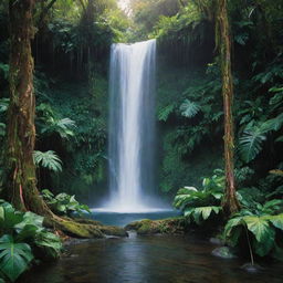 A magical, unrealistic image of a waterfall in a jungle. Water cascading in vibrant ribbons of color, surrounded by oversized neon-green leaves. Glowing exotic animals can be glimpsed beneath the surreal canopy.