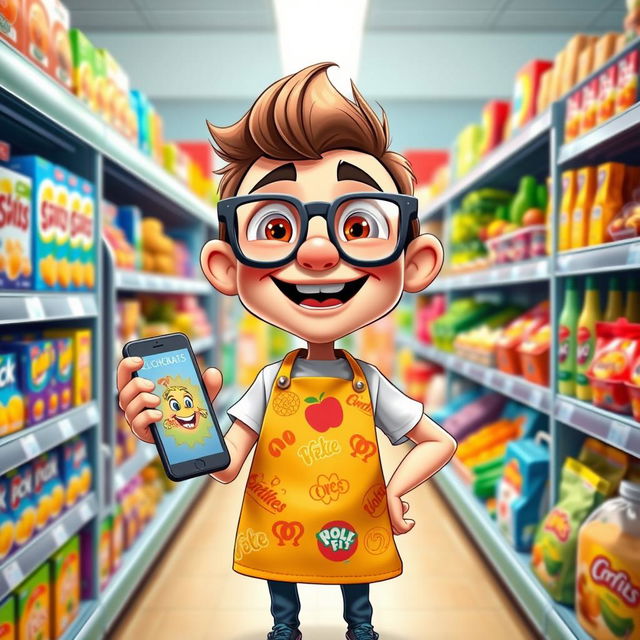 A colorful and exaggerated cartoon-style illustration of a clickbait character designed for a supermarket simulator game