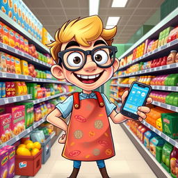 A colorful and exaggerated cartoon-style illustration of a clickbait character designed for a supermarket simulator game