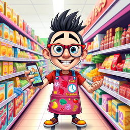 A colorful and exaggerated cartoon-style illustration of a clickbait character designed for a supermarket simulator game