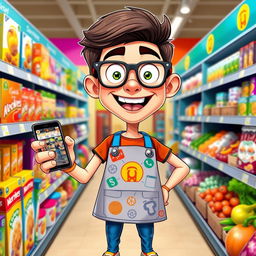 A colorful and exaggerated cartoon-style illustration of a clickbait character designed for a supermarket simulator game