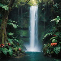 A magical, unrealistic image of a waterfall in a jungle. Water cascading in vibrant ribbons of color, surrounded by oversized neon-green leaves. Glowing exotic animals can be glimpsed beneath the surreal canopy.