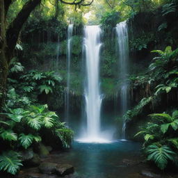 A magical, unrealistic image of a waterfall in a jungle. Water cascading in vibrant ribbons of color, surrounded by oversized neon-green leaves. Glowing exotic animals can be glimpsed beneath the surreal canopy.