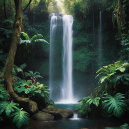 A magical, unrealistic image of a waterfall in a jungle. Water cascading in vibrant ribbons of color, surrounded by oversized neon-green leaves. Glowing exotic animals can be glimpsed beneath the surreal canopy.