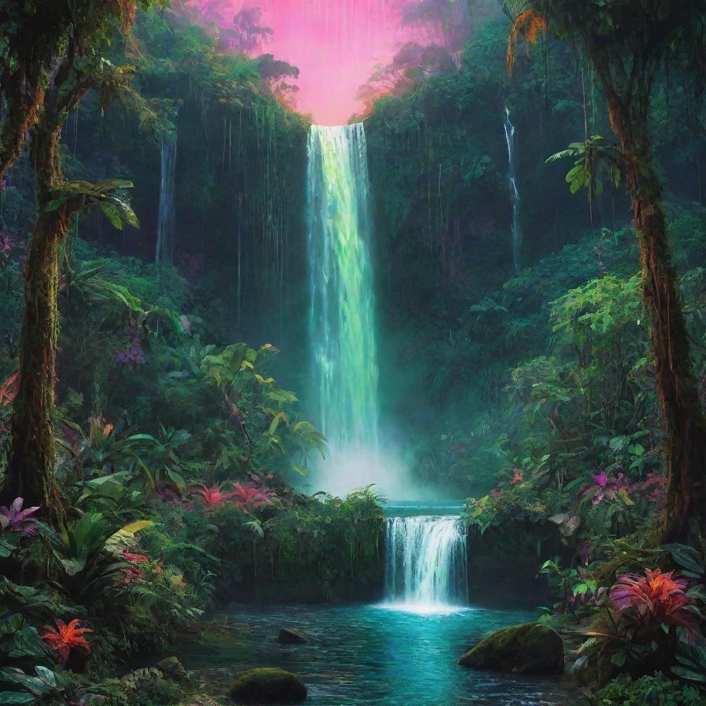 A surreal landscape of a fantastical jungle from afar, characterized by an oversized waterfall of vibrant colors. The jungle is a burst of neon green and sparkling flora, creating an otherworldly scenic panorama.