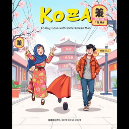 A whimsical book cover design that humorously captures the essence of a Muslim woman playfully seeking love from a handsome Korean man in Korea