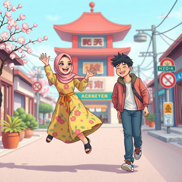 A whimsical book cover design that humorously captures the essence of a Muslim woman playfully seeking love from a handsome Korean man in Korea