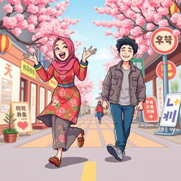 A whimsical book cover design that humorously captures the essence of a Muslim woman playfully seeking love from a handsome Korean man in Korea