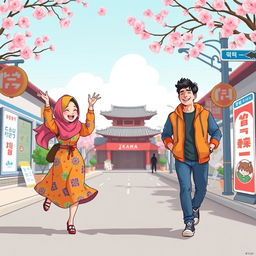 A whimsical book cover design that humorously captures the essence of a Muslim woman playfully seeking love from a handsome Korean man in Korea