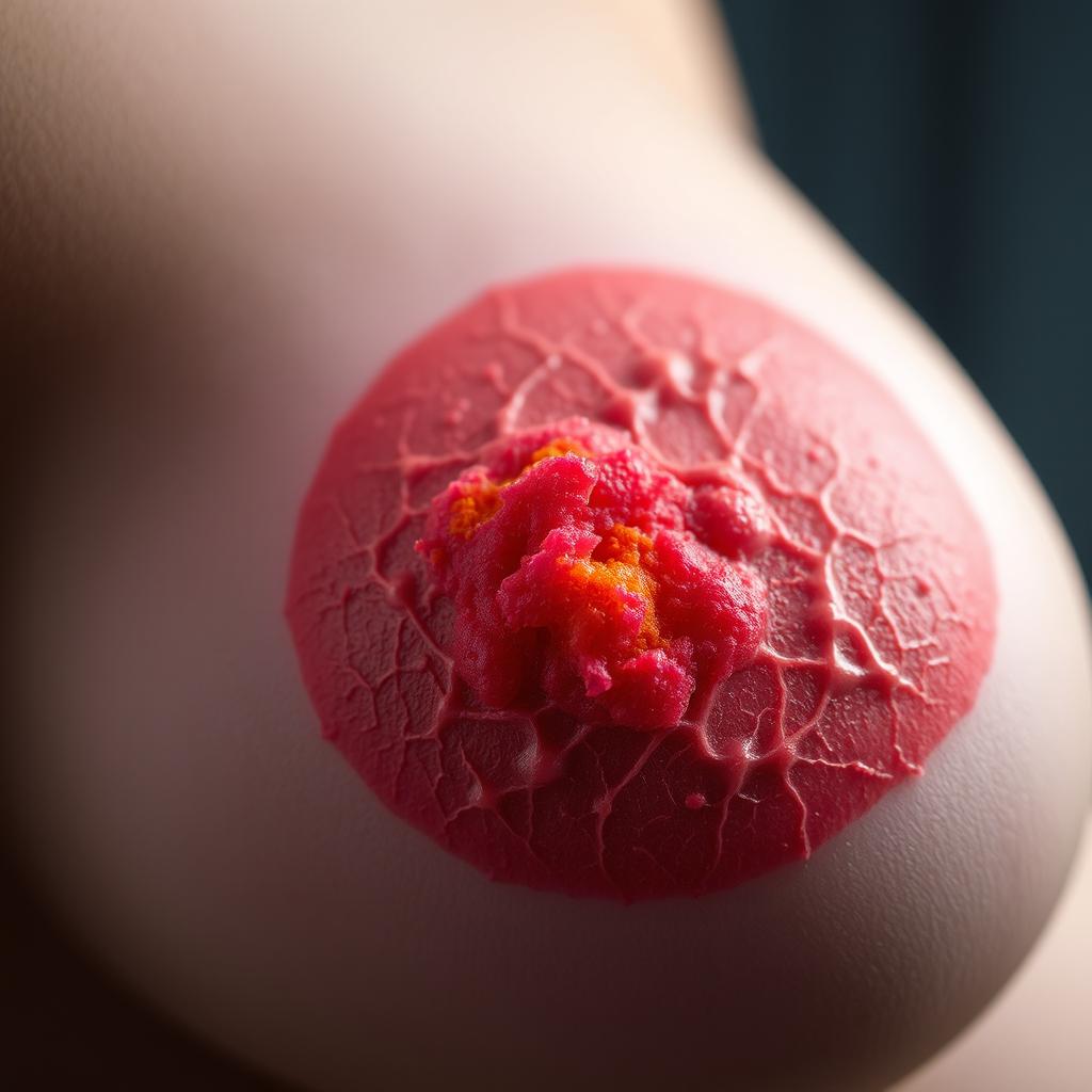 A close-up image of a breast with a detailed representation of cancerous cells, showcasing the intricate textures and colors of the affected tissue