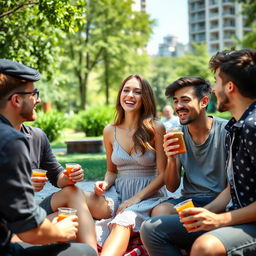 A beautiful young woman enjoying a fun day out, laughing and chatting with a group of playful young men in an urban park setting