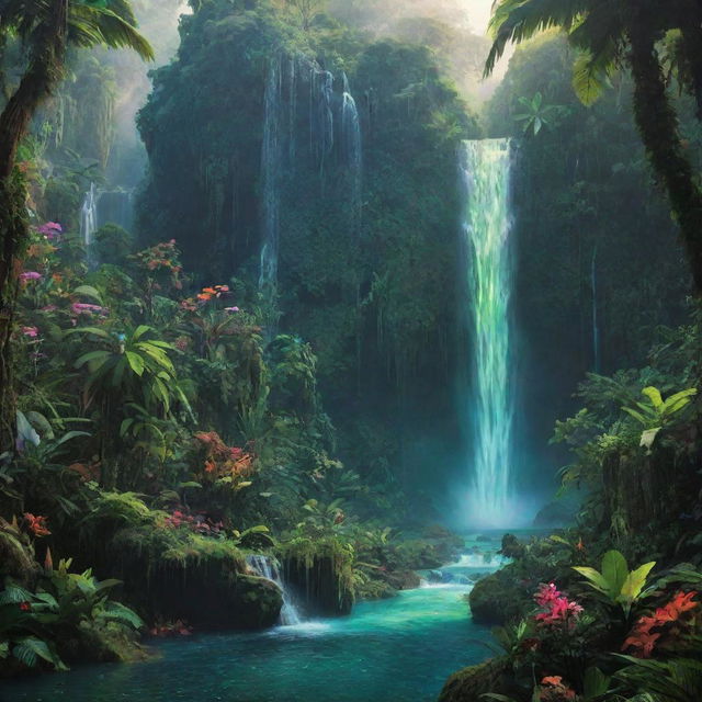 A surreal landscape of a fantastical jungle from afar, characterized by an oversized waterfall of vibrant colors. The jungle is a burst of neon green and sparkling flora, creating an otherworldly scenic panorama.