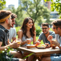 A beautiful young woman enjoying a fun day out, laughing and chatting with a group of playful young men in an urban park setting