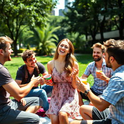 A beautiful young woman enjoying a fun day out, laughing and chatting with a group of playful young men in an urban park setting