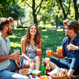 A beautiful young woman enjoying a fun day out, laughing and chatting with a group of playful young men in an urban park setting