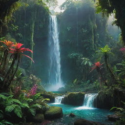 A surreal landscape of a fantastical jungle from afar, characterized by an oversized waterfall of vibrant colors. The jungle is a burst of neon green and sparkling flora, creating an otherworldly scenic panorama.